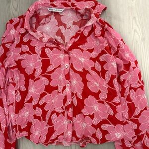 Zara Red and Pink Floral Blouse